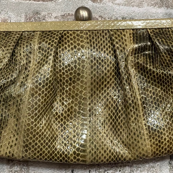 Francesco Biasia Olive Green Snakeskin Clutch Rhinestone Kiss Lock Golden‎ - Picture 6 of 12